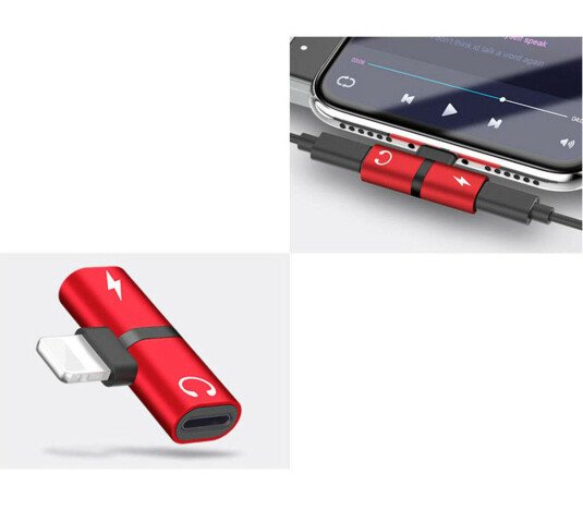 Mini Adaptor Lightning Splitter iUni dual port, pentru casti si incarcare iPhone, Red